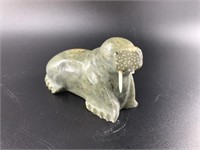 Lange small soapstone carving of a walrus with ivo