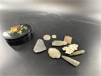 Russian lacquer box with old stone arrowheads, som