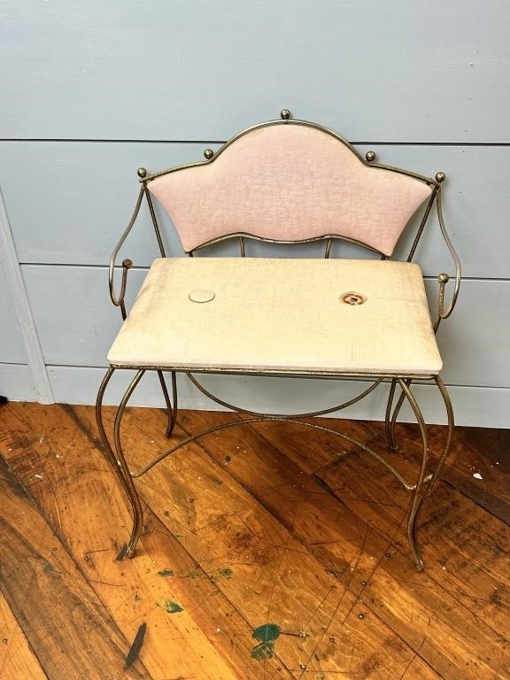 Vintage Brass Vanity Chair With Vinyl Seat