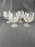 Set Of 4 Etched With Ship Brandy Glasses