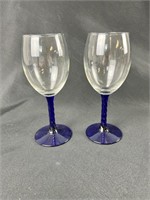 2 Blue Stemmed Wine Glasses