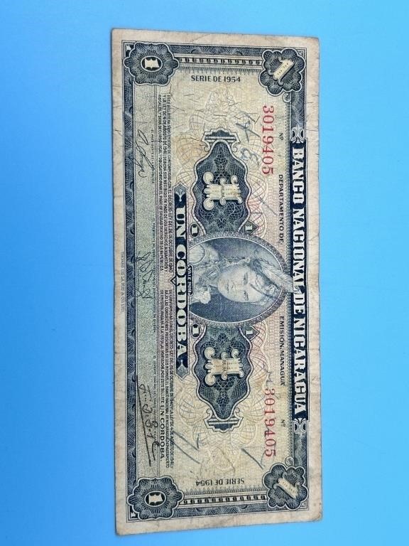 1 Banco Nacional De Nicaragua Paper Money 1954