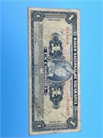 1 Banco Nacional De Nicaragua Paper Money 1954