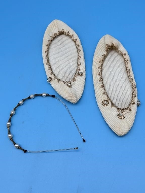 Pearl And Gold Thread House Slippers , Head Band