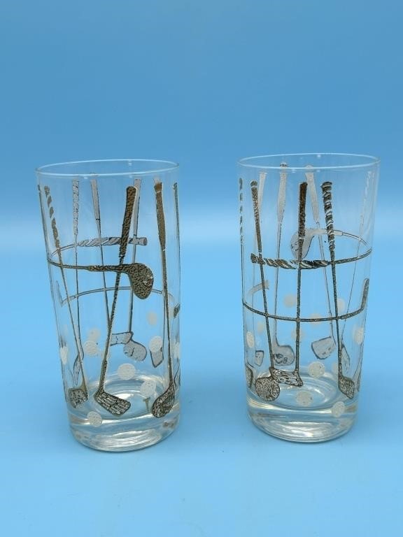 Etched High Ball Glasses With Golf Clubs