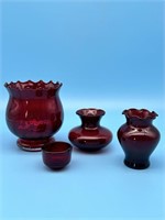 4 Red Glass Vases