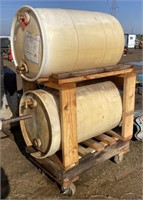 (BJ) Wood Cart w/ (2) 55 Gallon Barrels