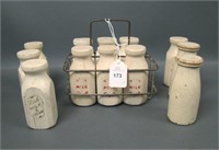 1900's Toy Wooden Milk Bottles in Wire Carrier