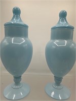Vintage blue glass lidded urns