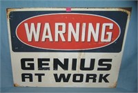 Warning Genius at work retro style advertising sig