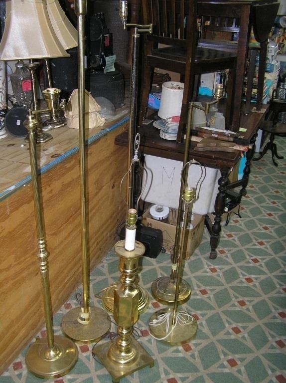Group of 6 all brass table and floor lamps
