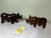2 Carved Wooden Rhino Figurines
