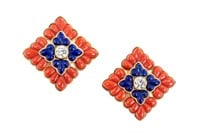 PAIR OF 18K GOLD DIAMOND AND CORAL EARCLIPS, 43.7g
