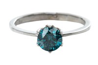 14K WHITE GOLD BLUE DIAMOND SOLITAIRE RING, 1.6g