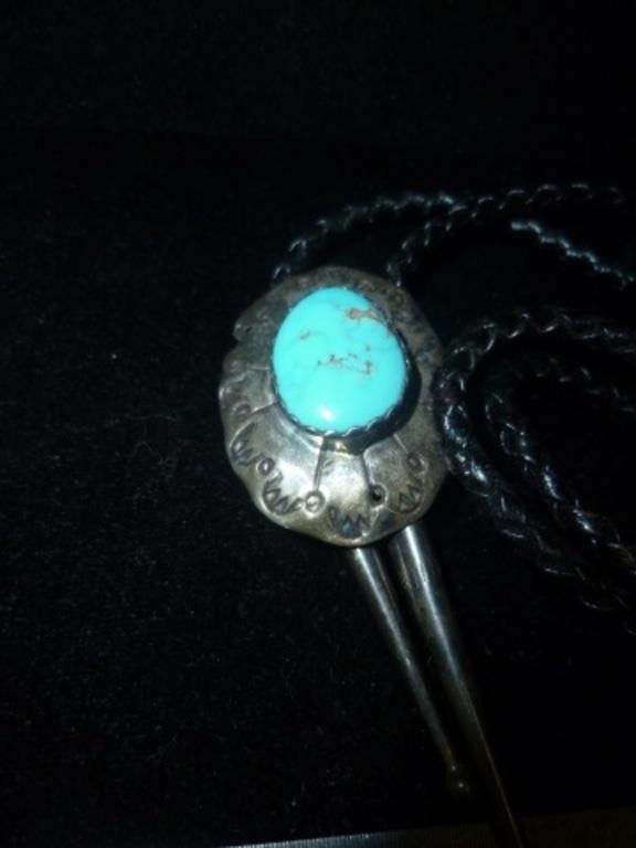 Silver & Turguoise Artist Made Leather Bolo Tie