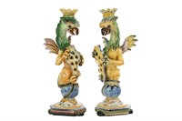 NEAR PAIR ITALIAN CANTIGALLI MAJOLICA CANDLESTICKS