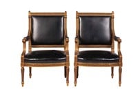 PAIR FRENCH LEATHER UPHOLSTERED GILDED ARM CHAIRS