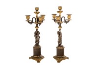 PAIR PATINATED & GILT BRONZE FIGURAL CANDLESTICKS