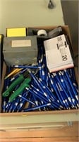 Office supplies, pens, tape holder