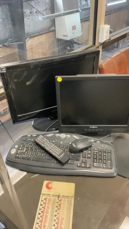 Computer monitors, keyboard and mouse, hard