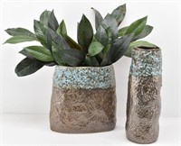 (2) Large Textured Vases w/ Faux Greenery