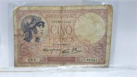 Antique Paper Banknote 1939 5-Cinq Franis Bank of