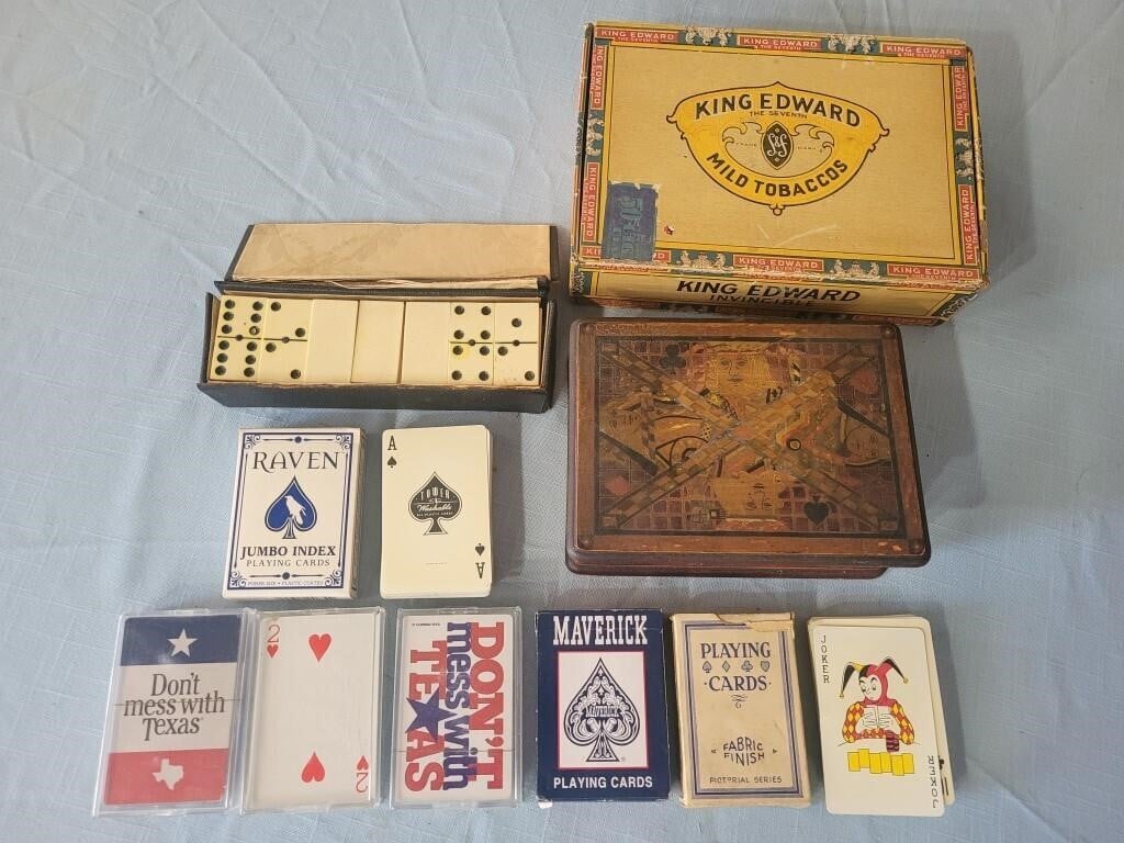 Antique wooden playing card box 8 decks dominoes +