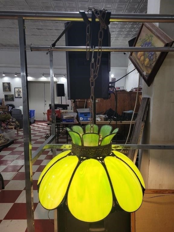 Antique green slag glass hanging light fixture