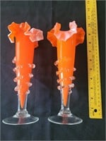 ART GLASS Pair 10 inch orange vases Murano / Czech