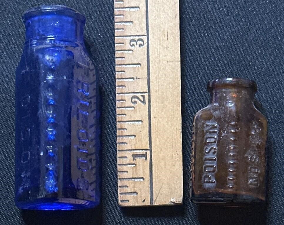 2 antique POISON bottles triloids cobalt amber