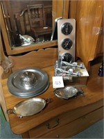 13 pc Silver tone lot includes Barometer, cashbox