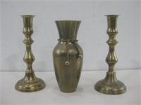 Two Brass Candles W/Brass Vase Tallest 7.5"
