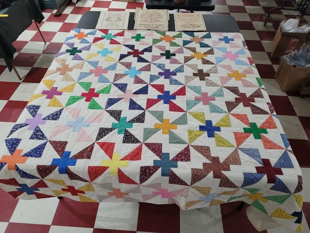 Antique 80x69 calico puzzle quilt + 3 vtg samplers