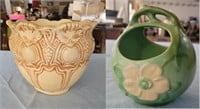 WELLER pottery 6" wild rose basket + Ivory vase