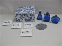 Family Coasters & Blue Bottles W/Box See Info