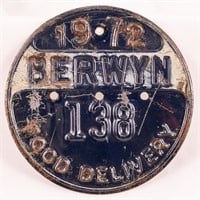 1972 Berwyn Illinois Food Deliver Vehicle Tax Tag