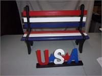 Red White Blue Wood Bench/USA Sign