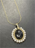 14 KT Cabochon Black Lolite and Pearl Pendant