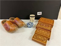 Dutch Shoes, Delft, & 4 Graduated Marquetry Boxes