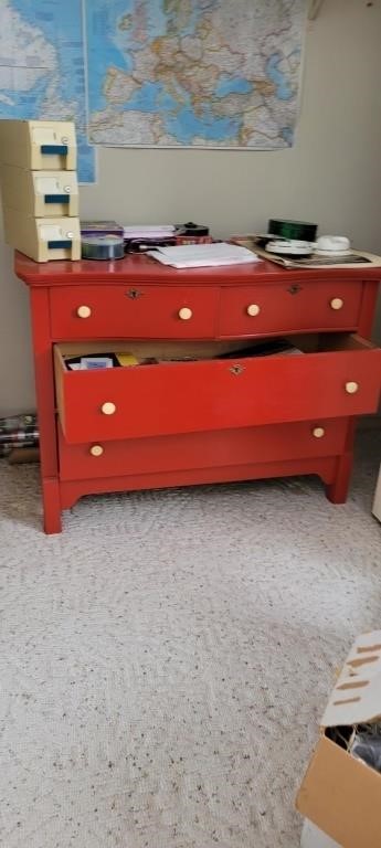 Red  4 drawer dresser with contents