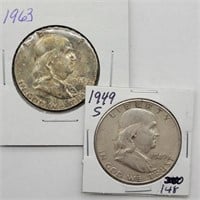 1949 S & 1963 FRANKLIN SILVER HALF DOLLARS