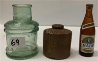 2 Vintage Ink Wells & Miniature Bottle(see photo)