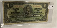 1937 Canadian One Dollar Paper Money Towers/Gordon