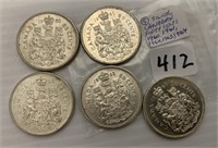 5 Silver Canadian Fifty Cents Coins