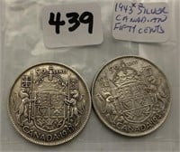 1943 x 2 Silver Canadian Fifty Cents Coins