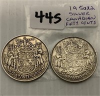 1950 x 2 Silver Canadian Fifty Cents Coins
