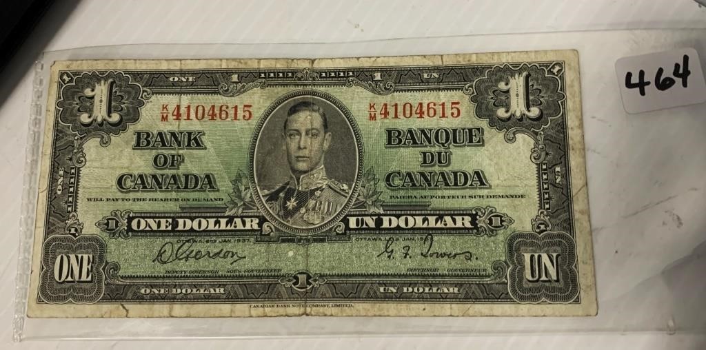 1937 Can. $1 Paper Money(Gordon/Towers)