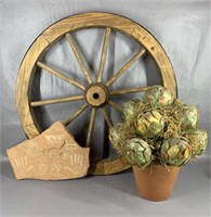 (3) Decor, Wagon Wheel, Carved Stone, Faux