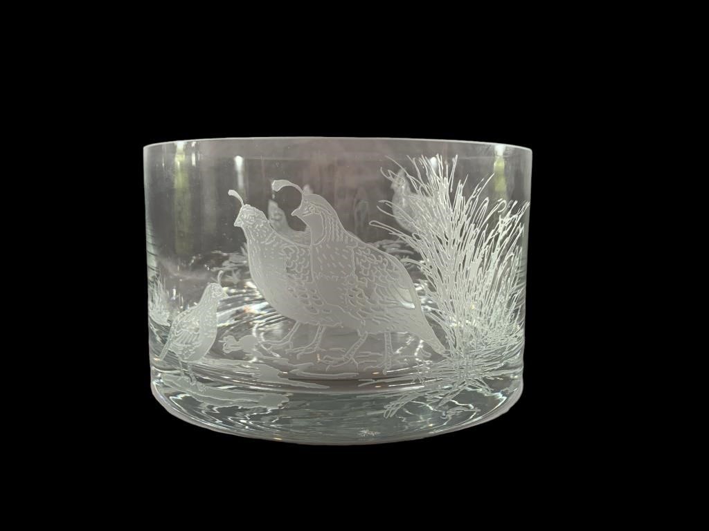 A Signed Peter Coyle Glass Etched Quail Bowl