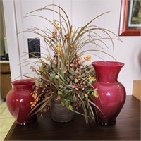 2 Burgundy Large Mouth Vases and Flower